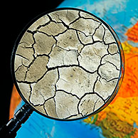 Gescheurde aarde door droogte gezien door vergrootglas tegen verlichte wereldbol
